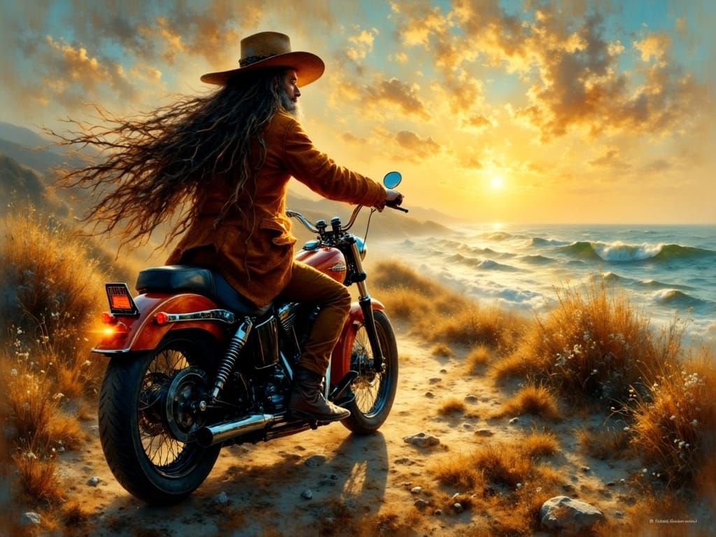 Reggae Cat Rides Sunset Seashore Highway