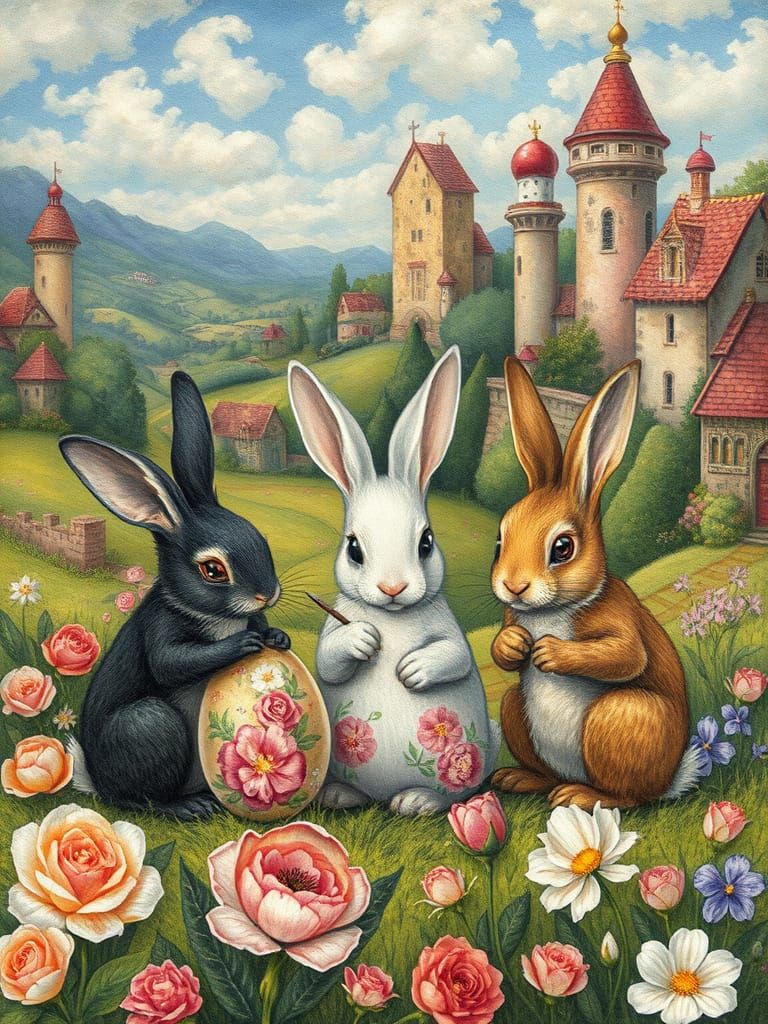Whimsical Renaissance Landscape with Easter Bunnies