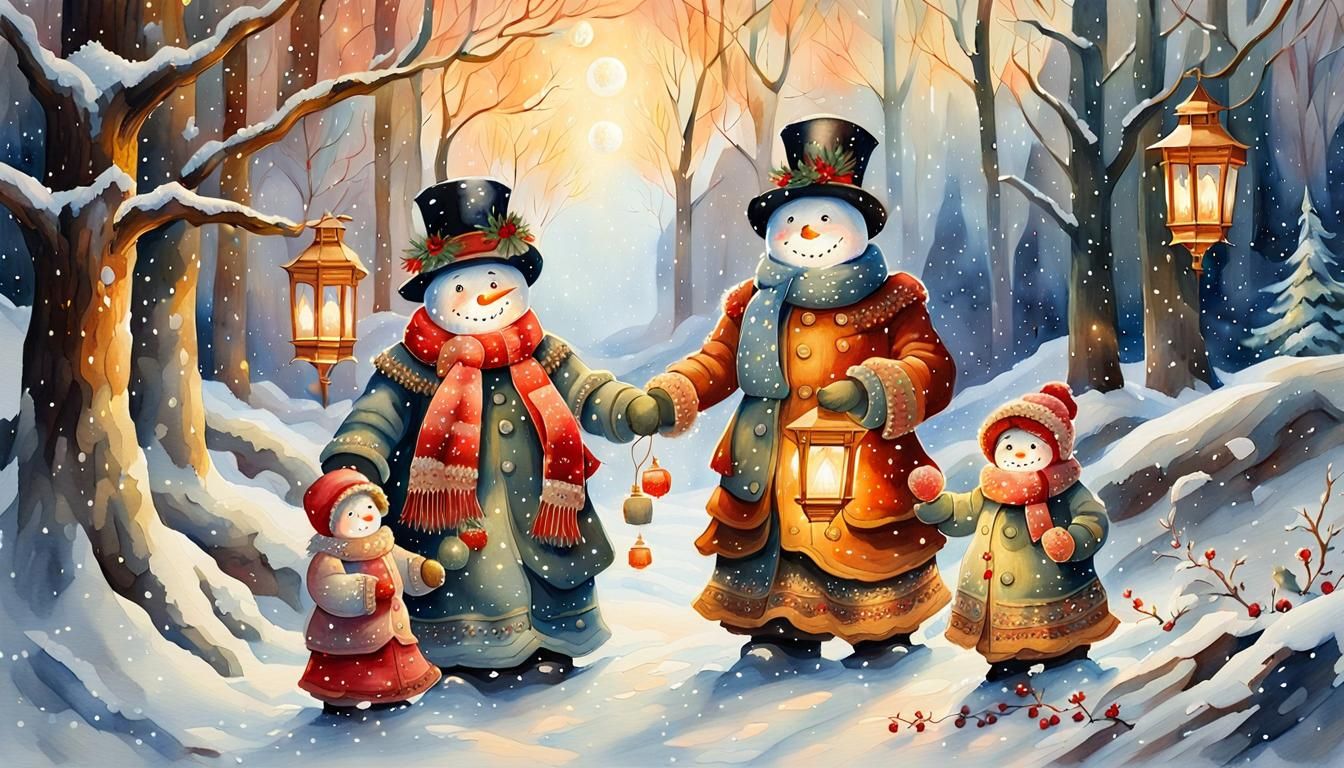 Victorian Snowman Family in Snowy Forest, Watercolour