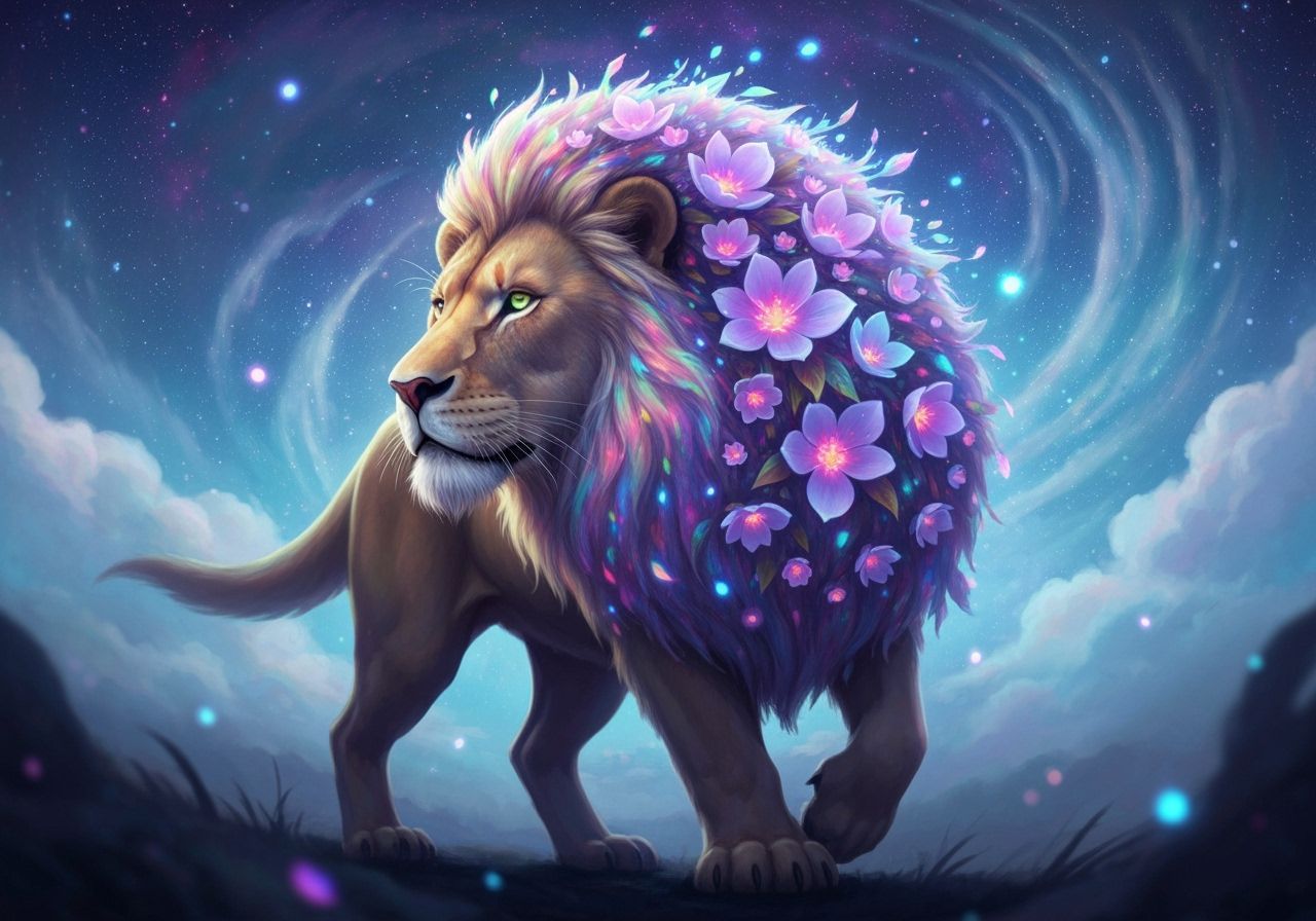 Majestic Lion With Ethereal Flower Mane Under Magical Starry...
