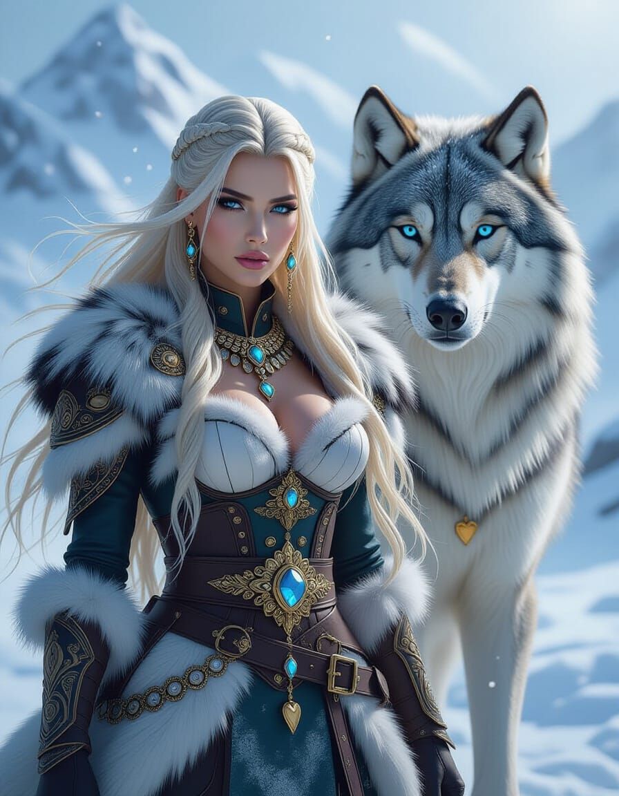 Ice Warrior Woman and Direwolf in Snowy Mountain Landscape