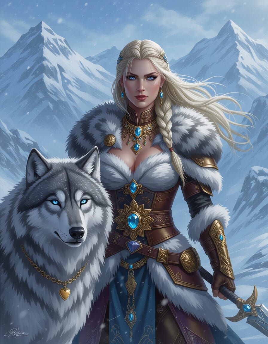 Ice Warrior and Direwolf in Snowy Landscape