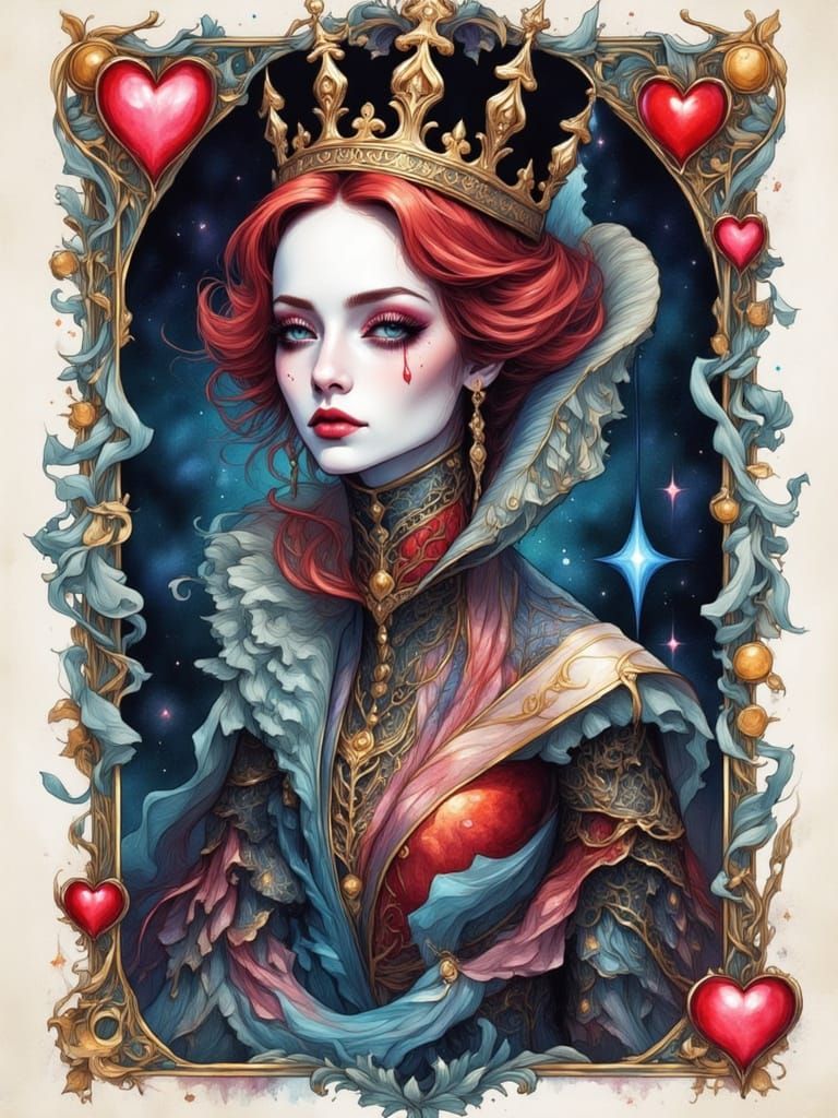 Queen of Hearts Watercolor Illustration in Surreal Style