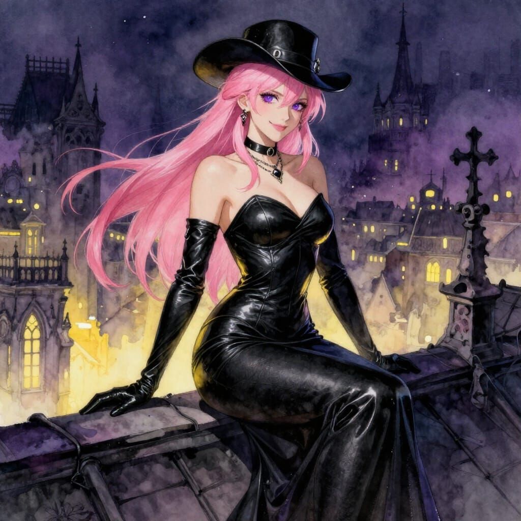Woman in Leather Gown on Gothic Roof at Night