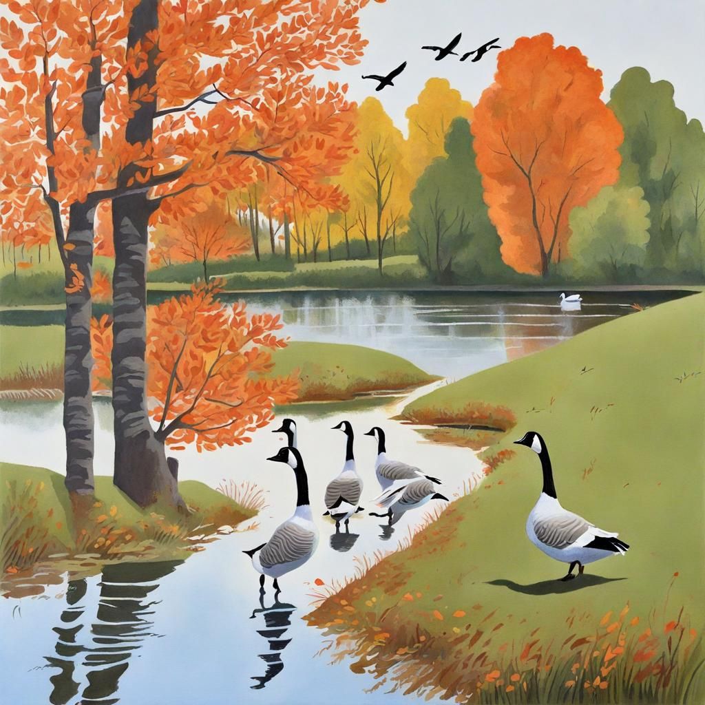Geese Fly South in Early Autumn Gouache Painting
