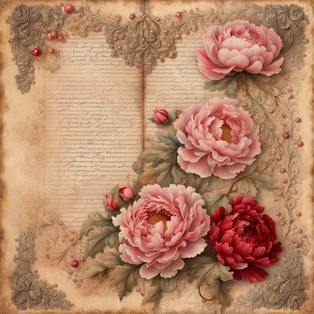 Vintage Journal Page with Peonies and Rococo Frame