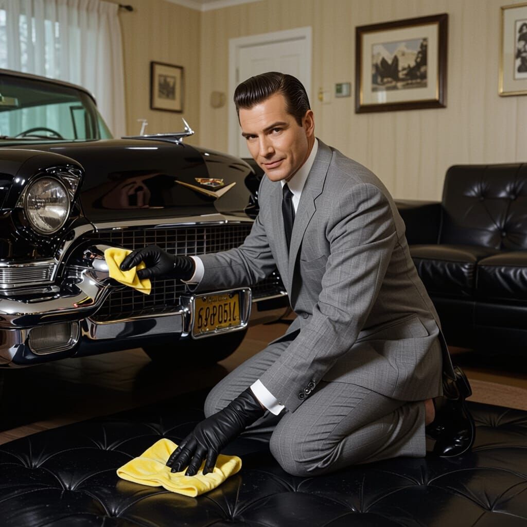 1950s Daddy Polishing Cadillac in Nostalgic Style