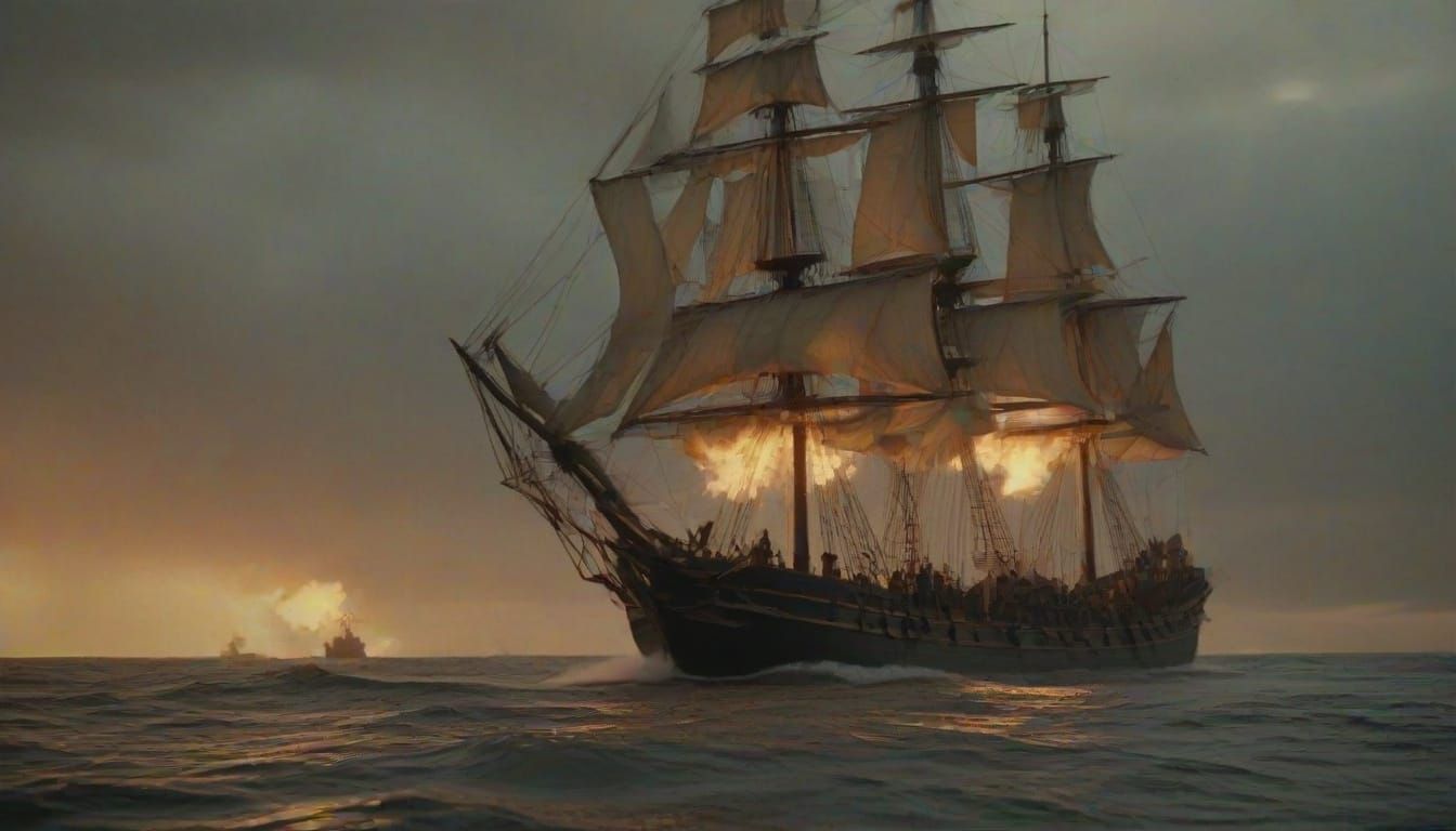 Epic Sailing Ship Battle in Warm Golden Light