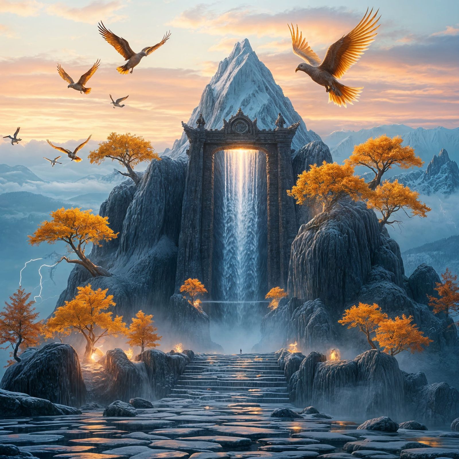 Ethereal Mountain Realm with Glowing Trees and Celestial Wat...