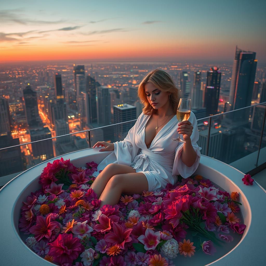 Aphrodite in a Rooftop Hot Tub at Dusk
