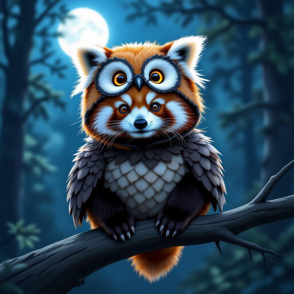 Red Panda in Owl Costume on Moonlit Forest Branch