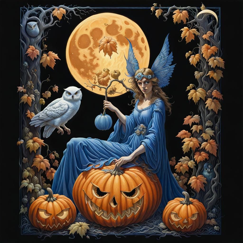 Blue Pumpkins Field with Fairy and Ghost