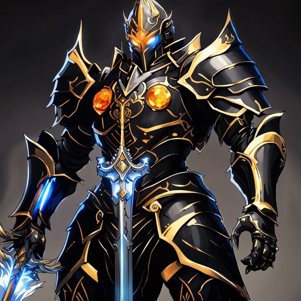 Knight in Black and Gold Armor with Glowing Sword