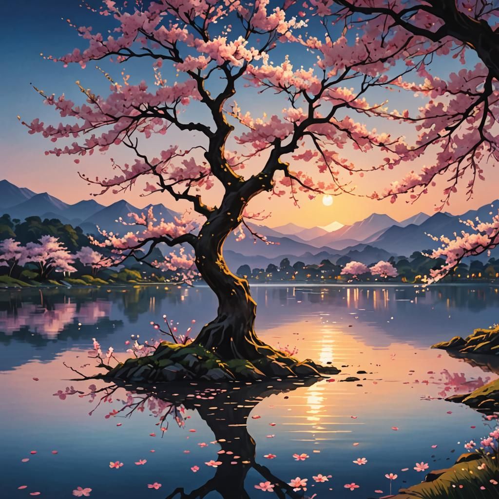 Blooming Cherry Blossom Tree by Lake at Dawn