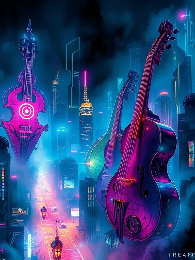 Futuristic Cityscape with Musical Instrument Buildings