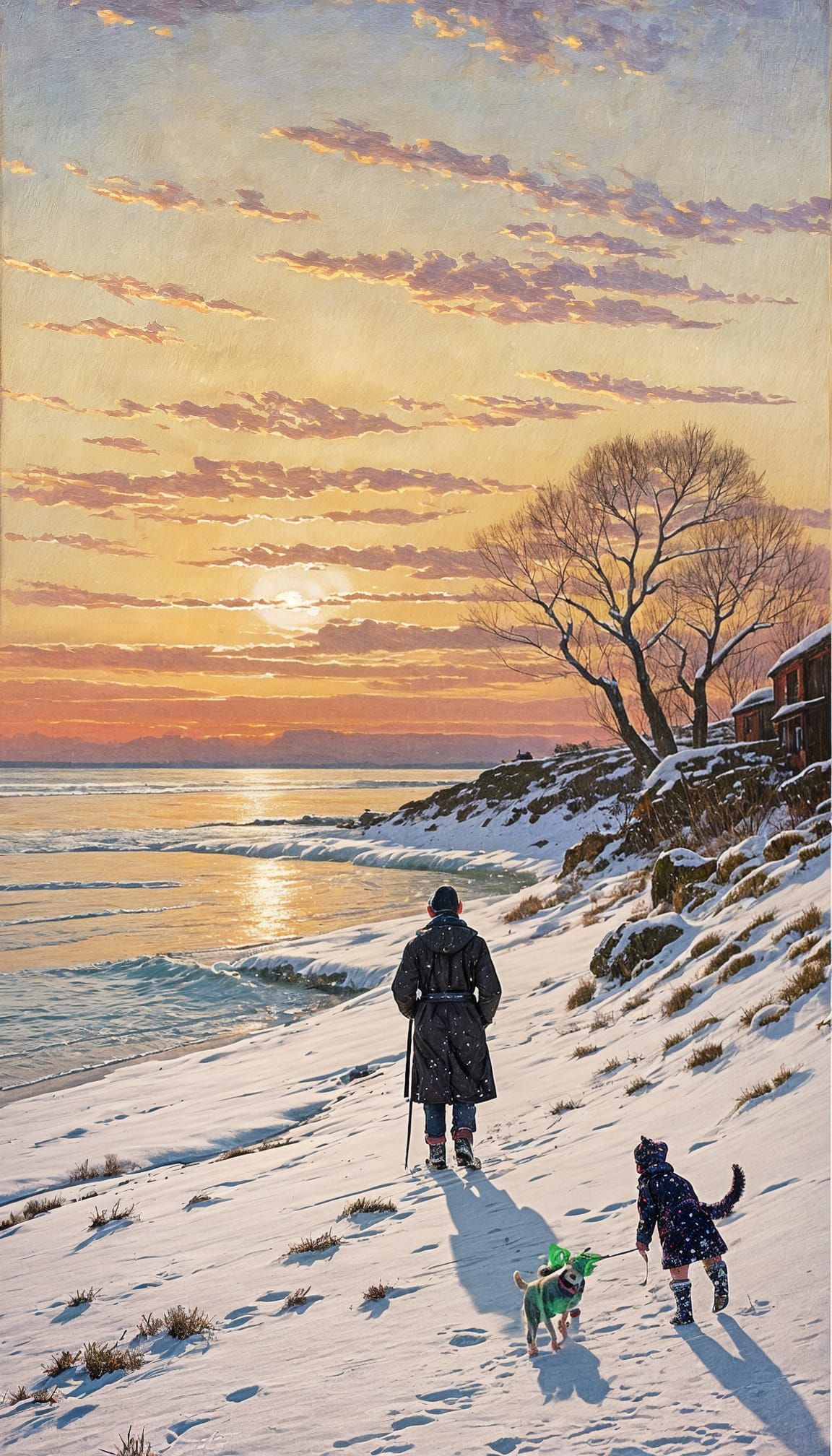 Peaceful Sunset Scene on Snowy Lakeside Beach with Person an...