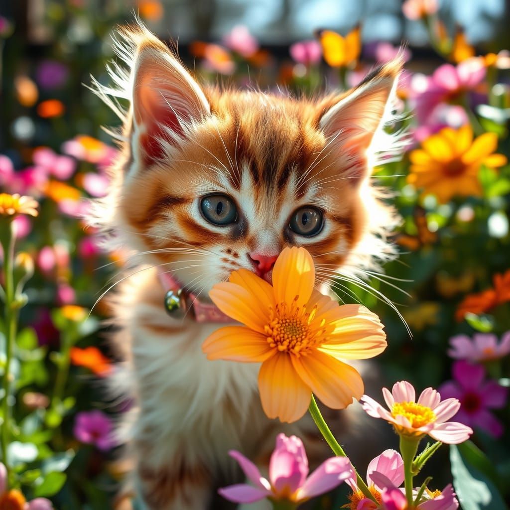 Whimsical Cat Explores Vibrant Spring Blooms