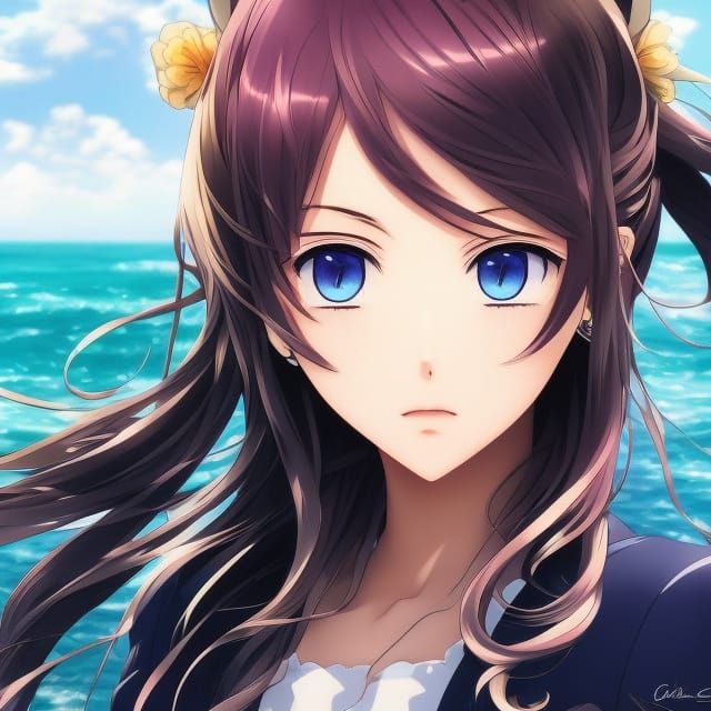 Anime Portrait of Cute Girl on Beach