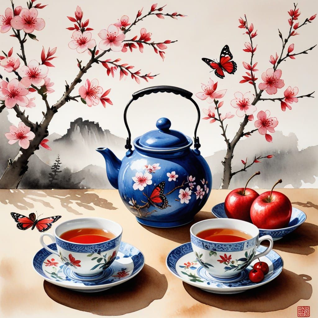 Delicate Korean Folk Painting in Watercolor and Ink Style