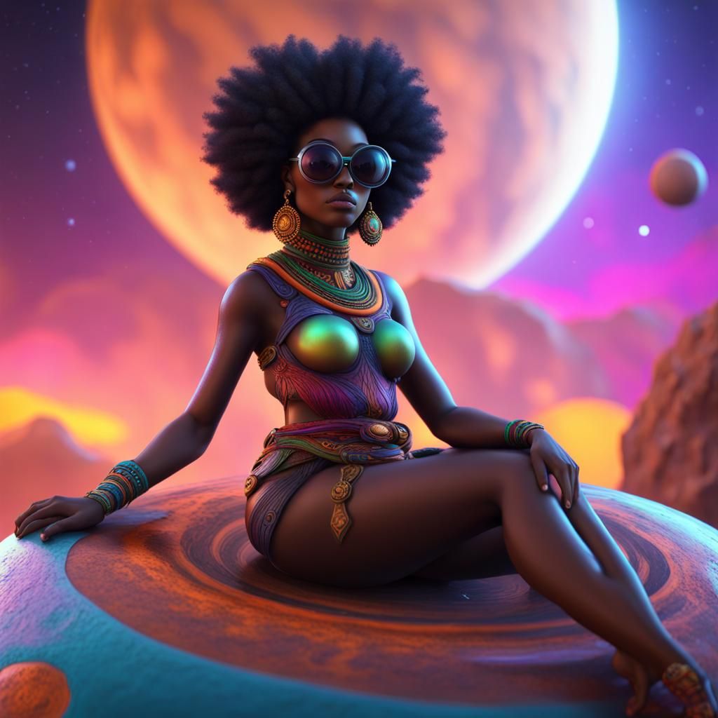 Chubby Alien with Afro on a Planet in Detailed Painting