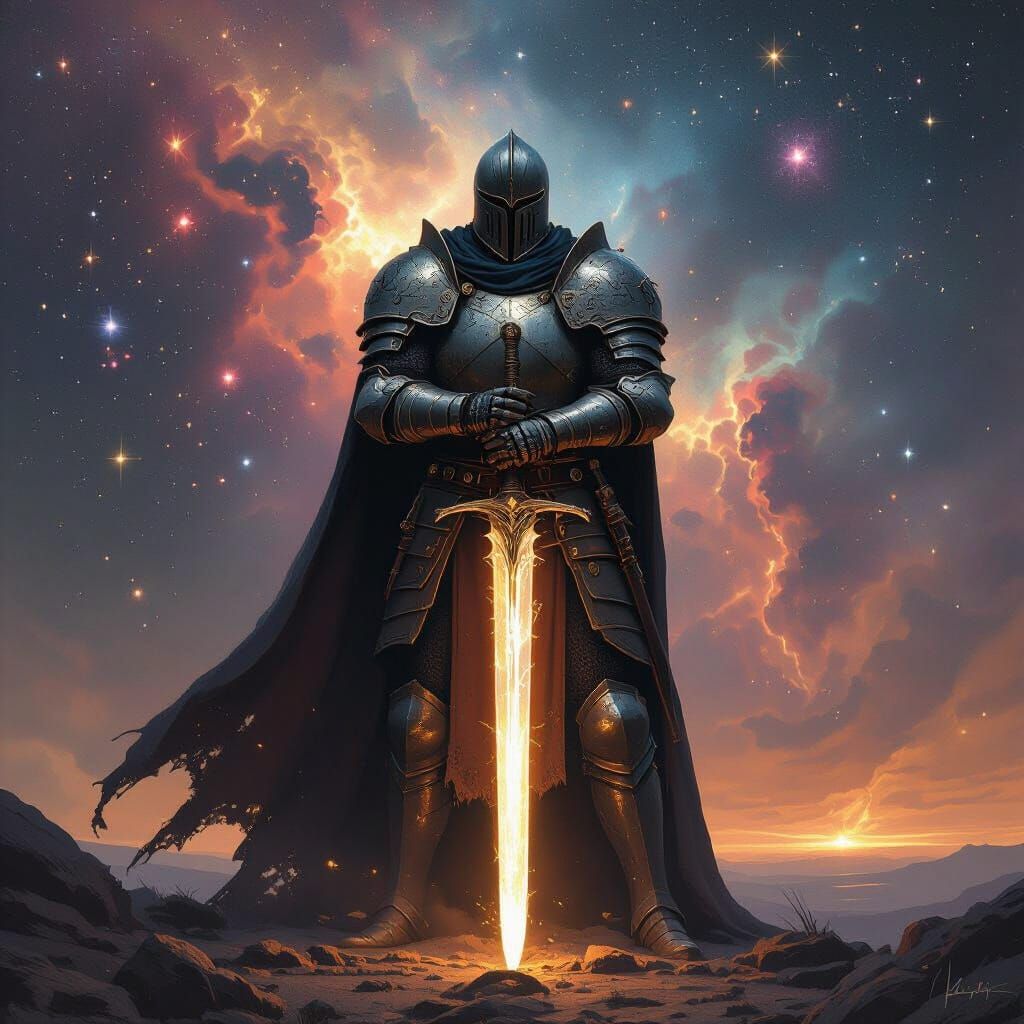 Ancient Knight on Cosmic Battlefield with Glowing Sword
