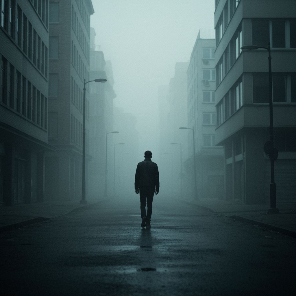 Solitary Man in Foggy Cityscape