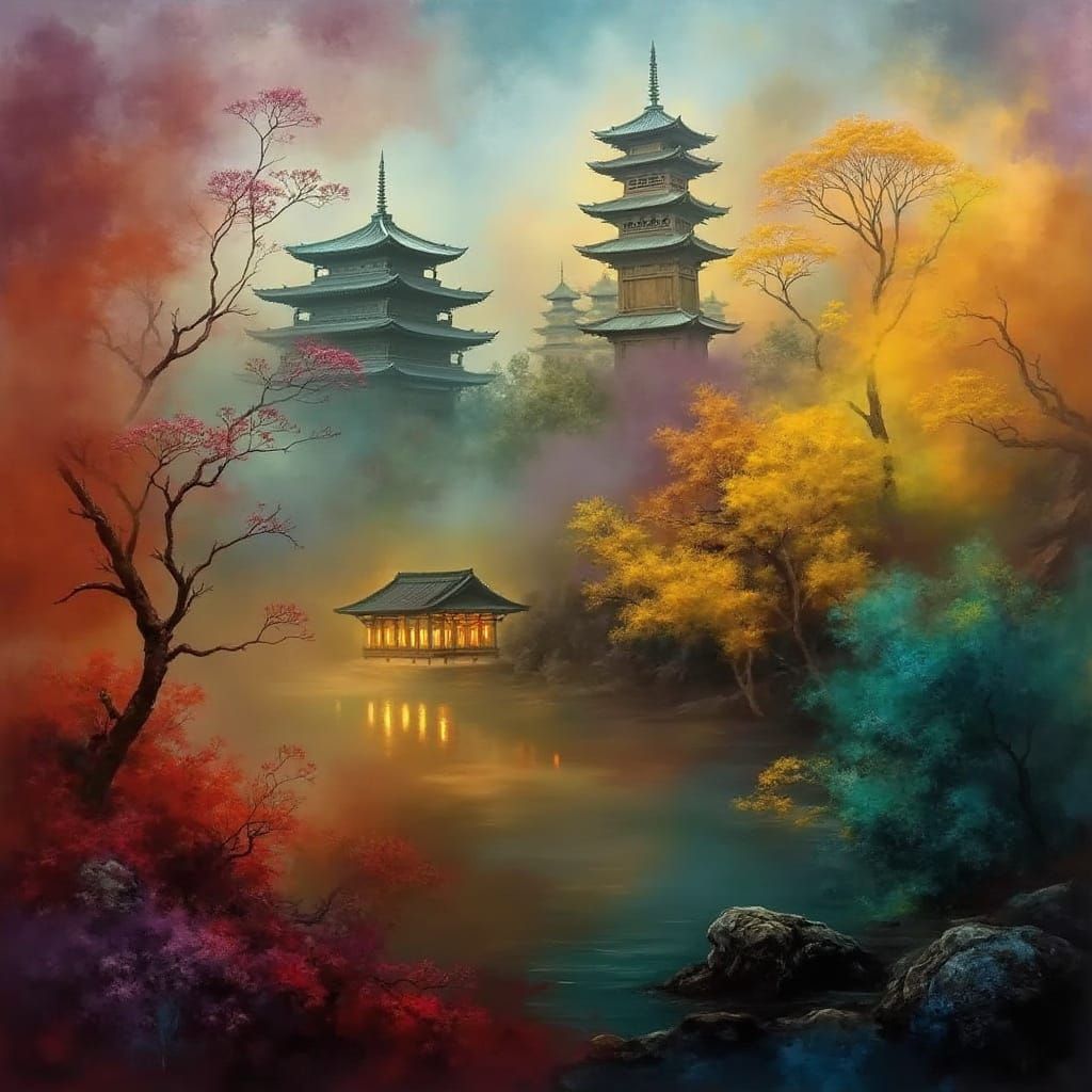 Whimsical Japanese Temple in a Mysterious Misty Night