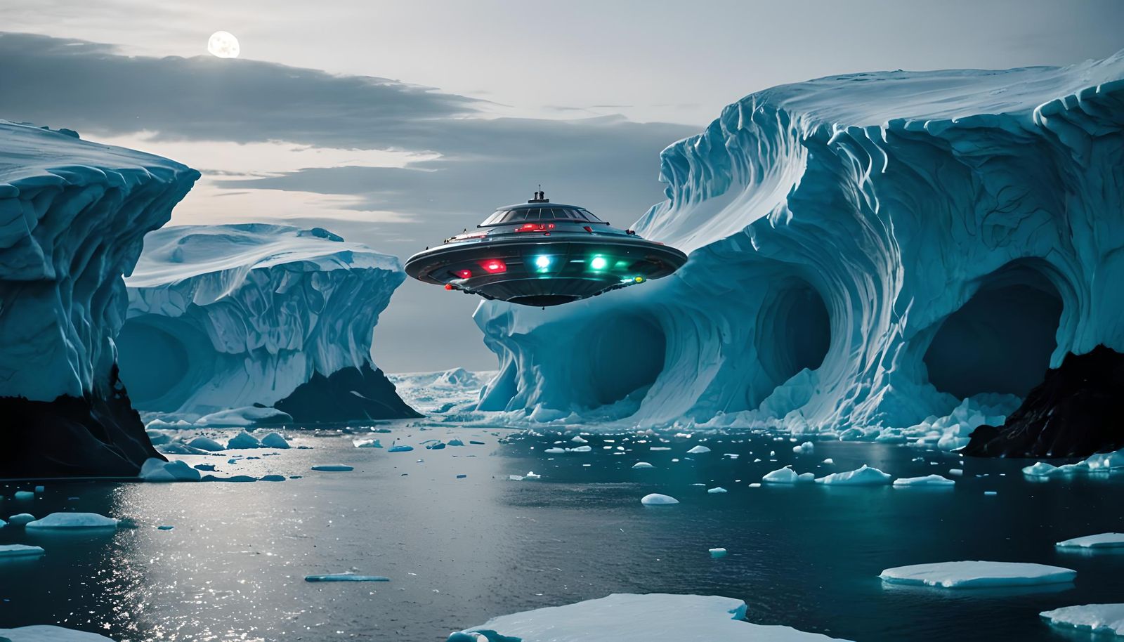 Silver UFO Hovers Over Antarctic Sea