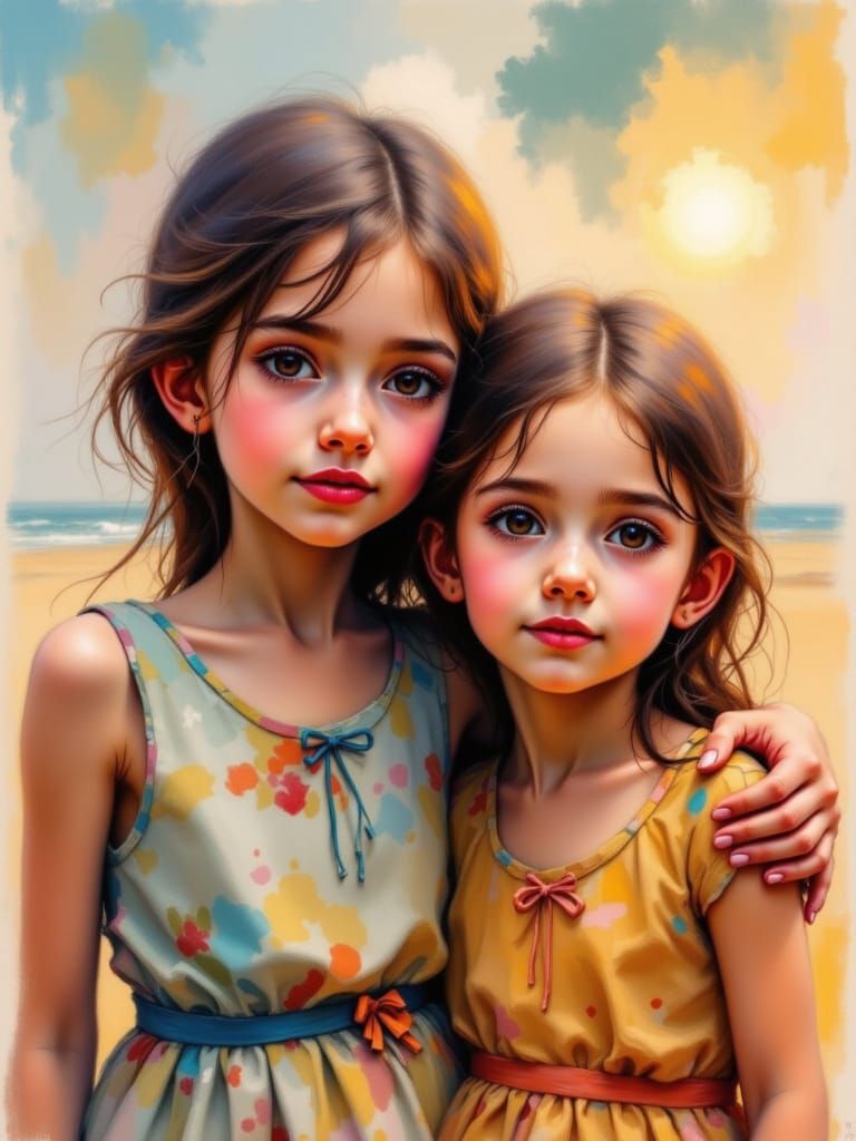 Impressionist Pastel Portrait of Two Smiling Granddaughters