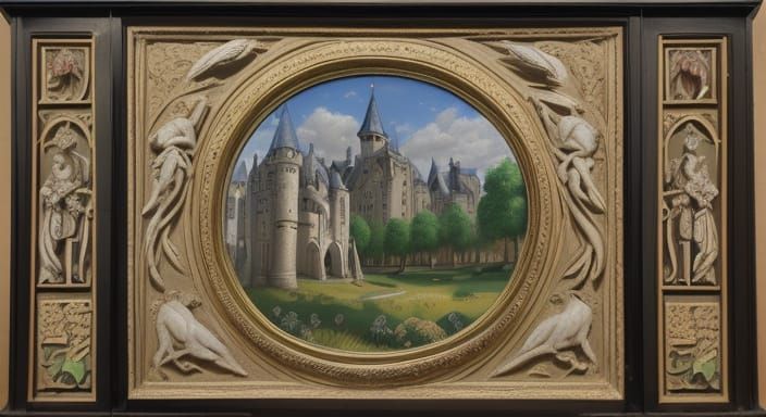 Medieval Castle Rondel Painting in Ornate Carved Frame