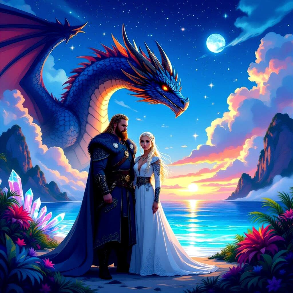 Daenerys & Ragnar on Magical Island with Dragon Cartoon Art