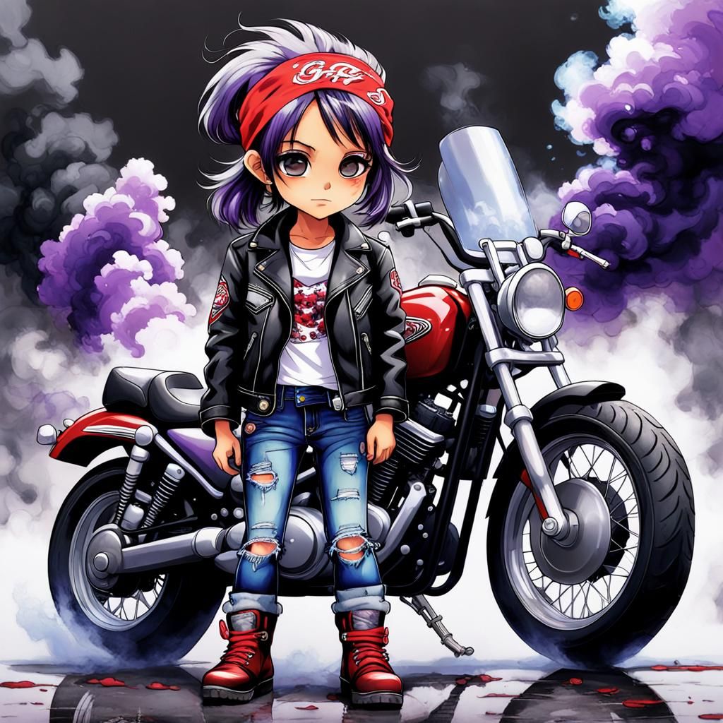 Girl in Biker Jacket With Motorcycle in Anime Style