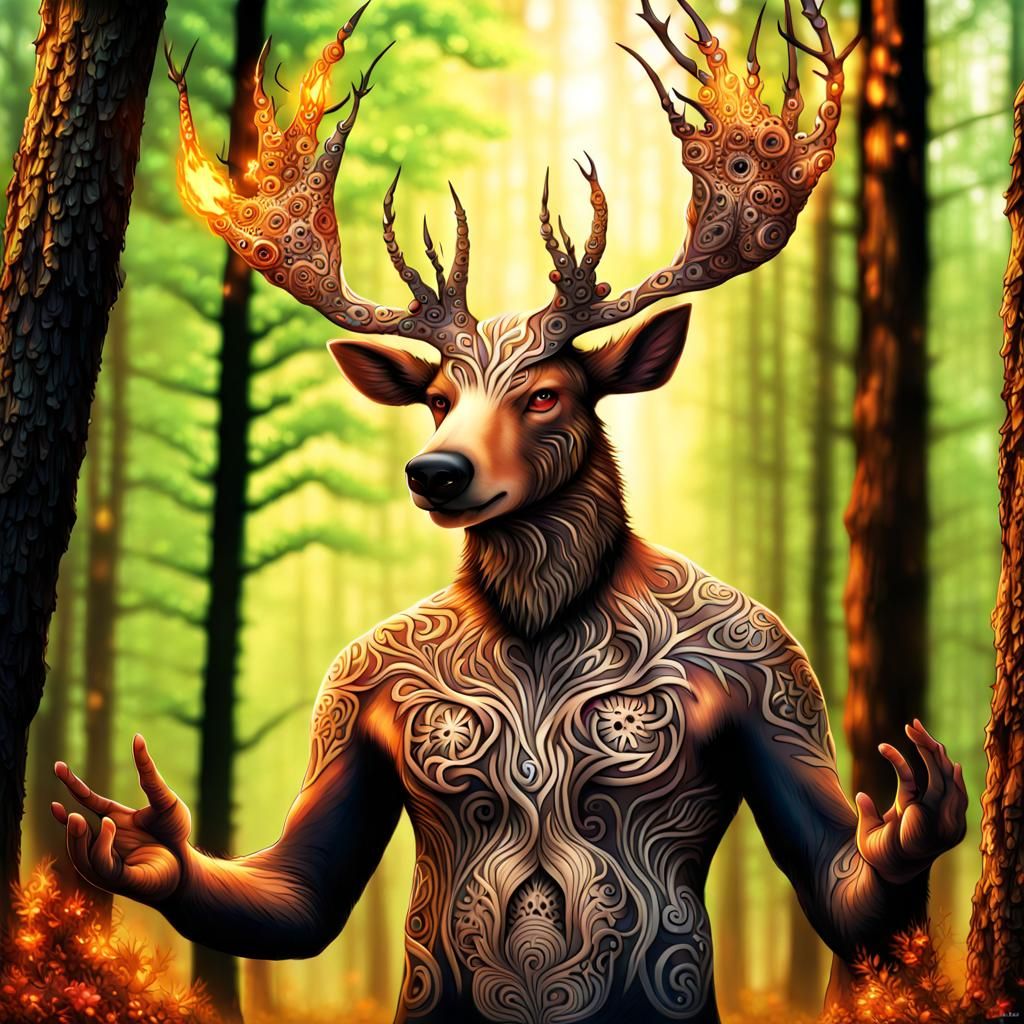 Deer-Bear Hybrid Casting Magic Spell in Forest