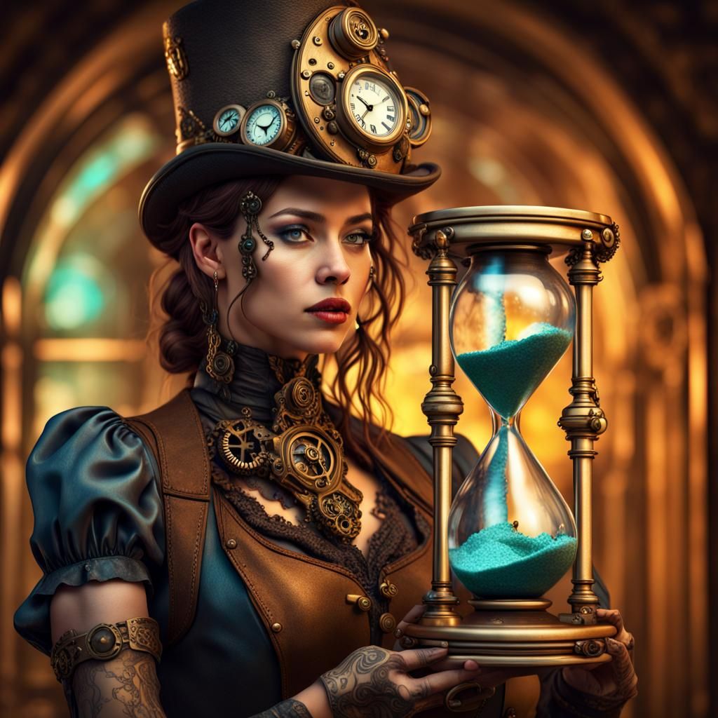 Steampunk Woman with Hourglass in 3D Photography