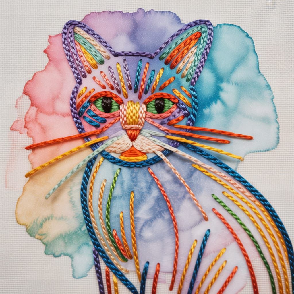 Embroidered Cat Portrait with Watercolor Accents