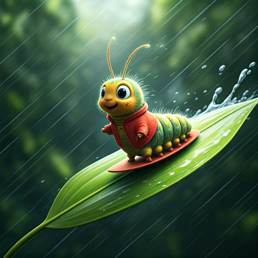 Fluffy Caterpillar Surfing a Leaf in Rainstorm