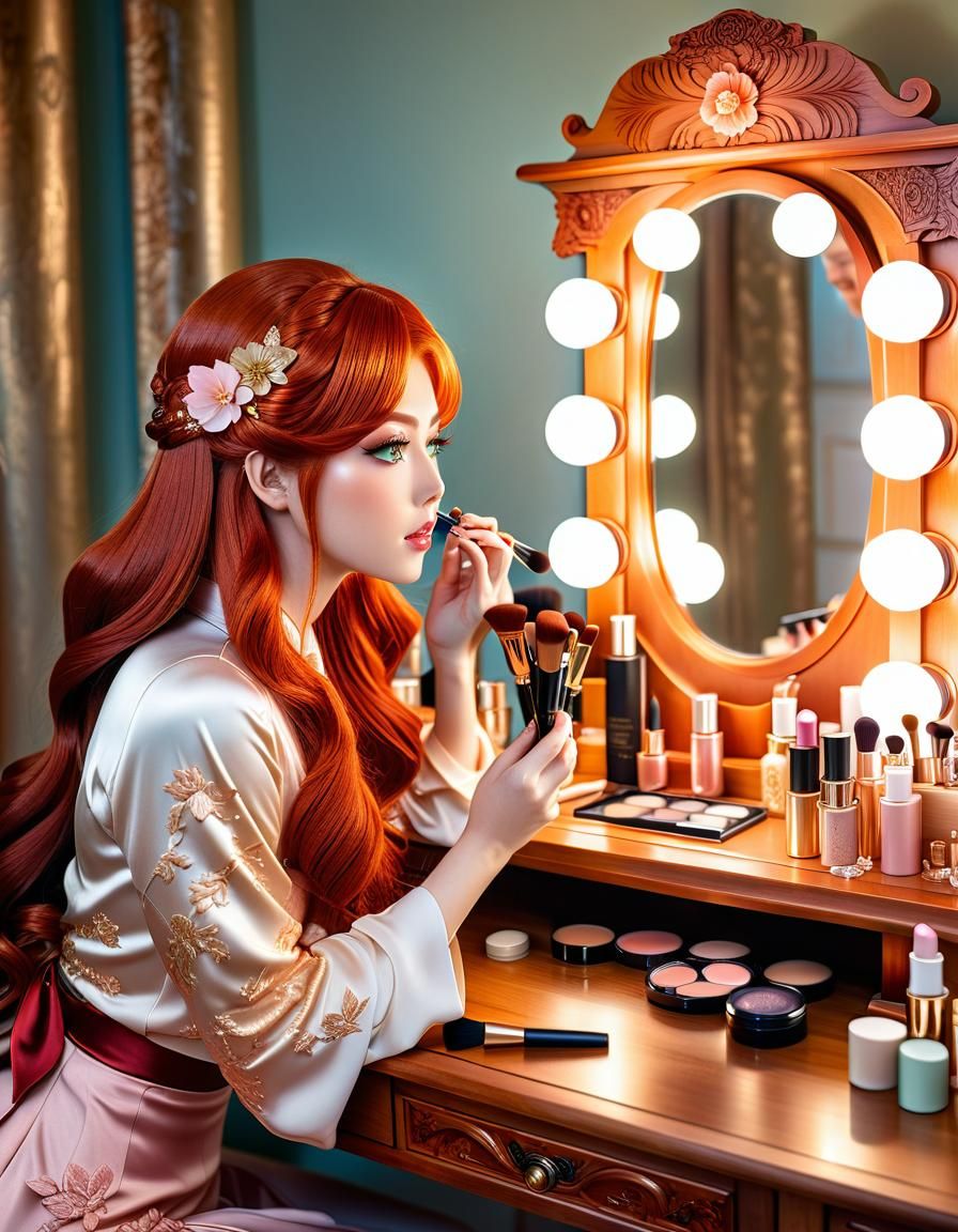 Anime Girl at Vanity Mirror: Manga Illustration