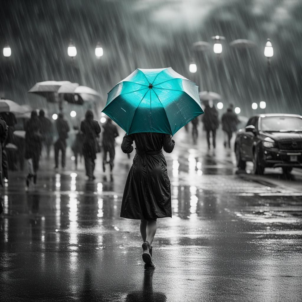 Woman with Teal Umbrella in Rainy Black and White