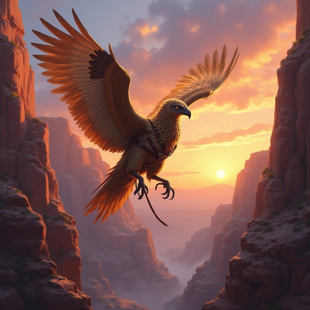 Majestic Griffin Soars Through Canyon at Sunset in Detailed ...