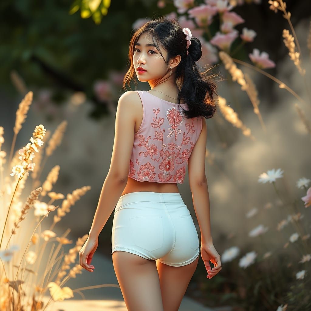 Japanese Woman in Embroidered Top with Metallic Sheen