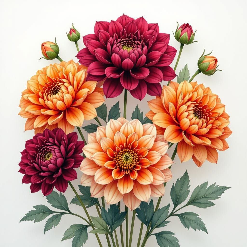 Watercolor Mums Bouquet in Orange and Burgundy Hues