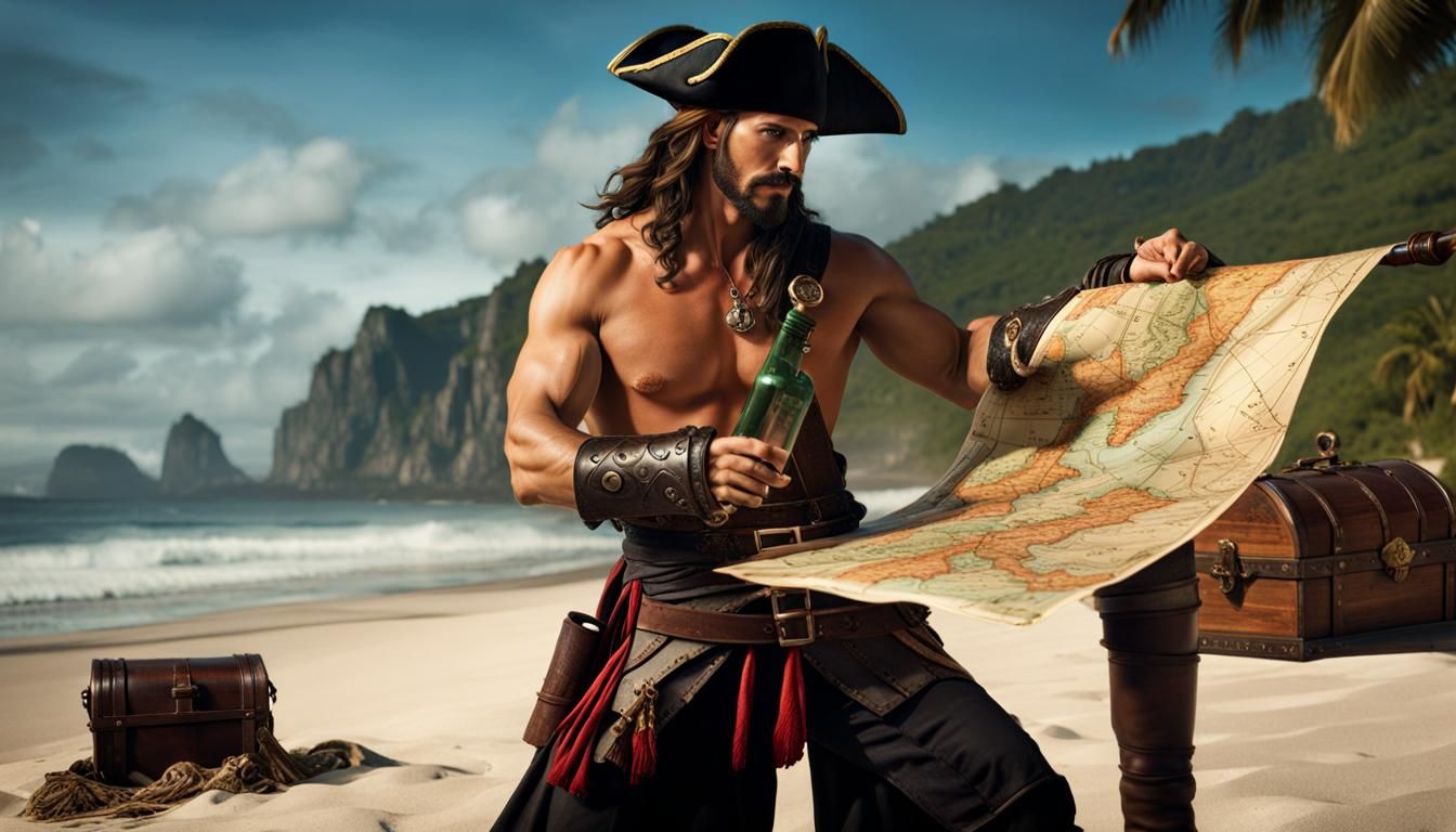 Shirtless Pirate Finds Map in Bottle on Beach