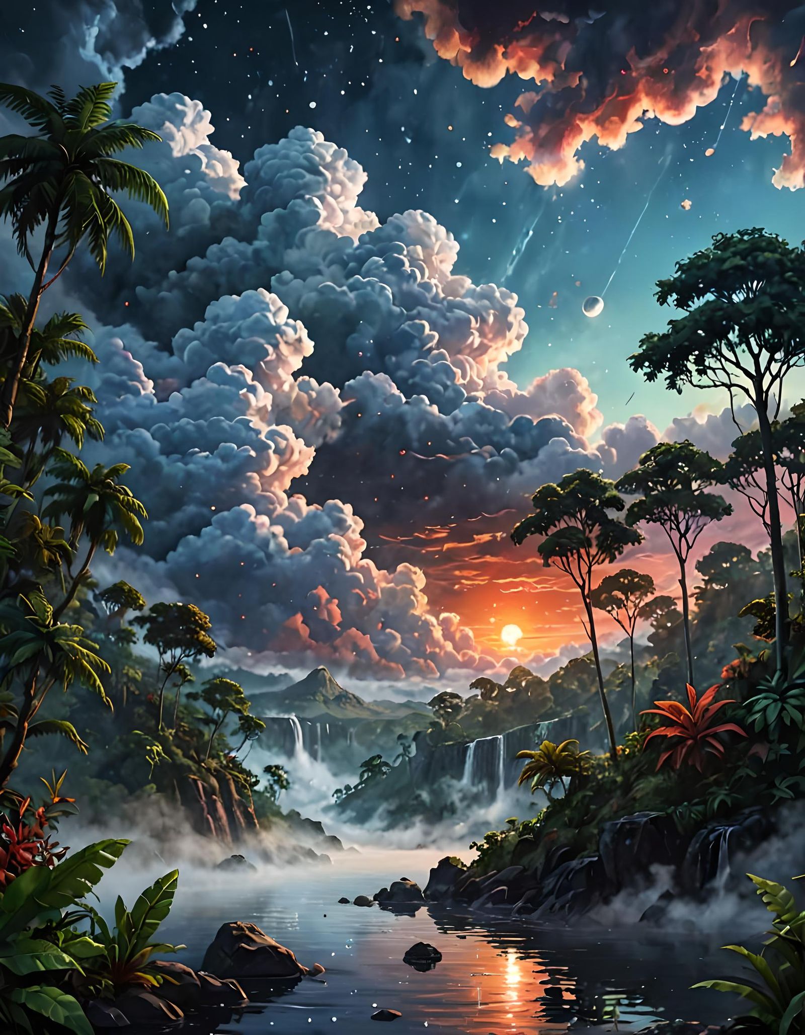 Dreamy Rainforest Landscape with Blood Moon