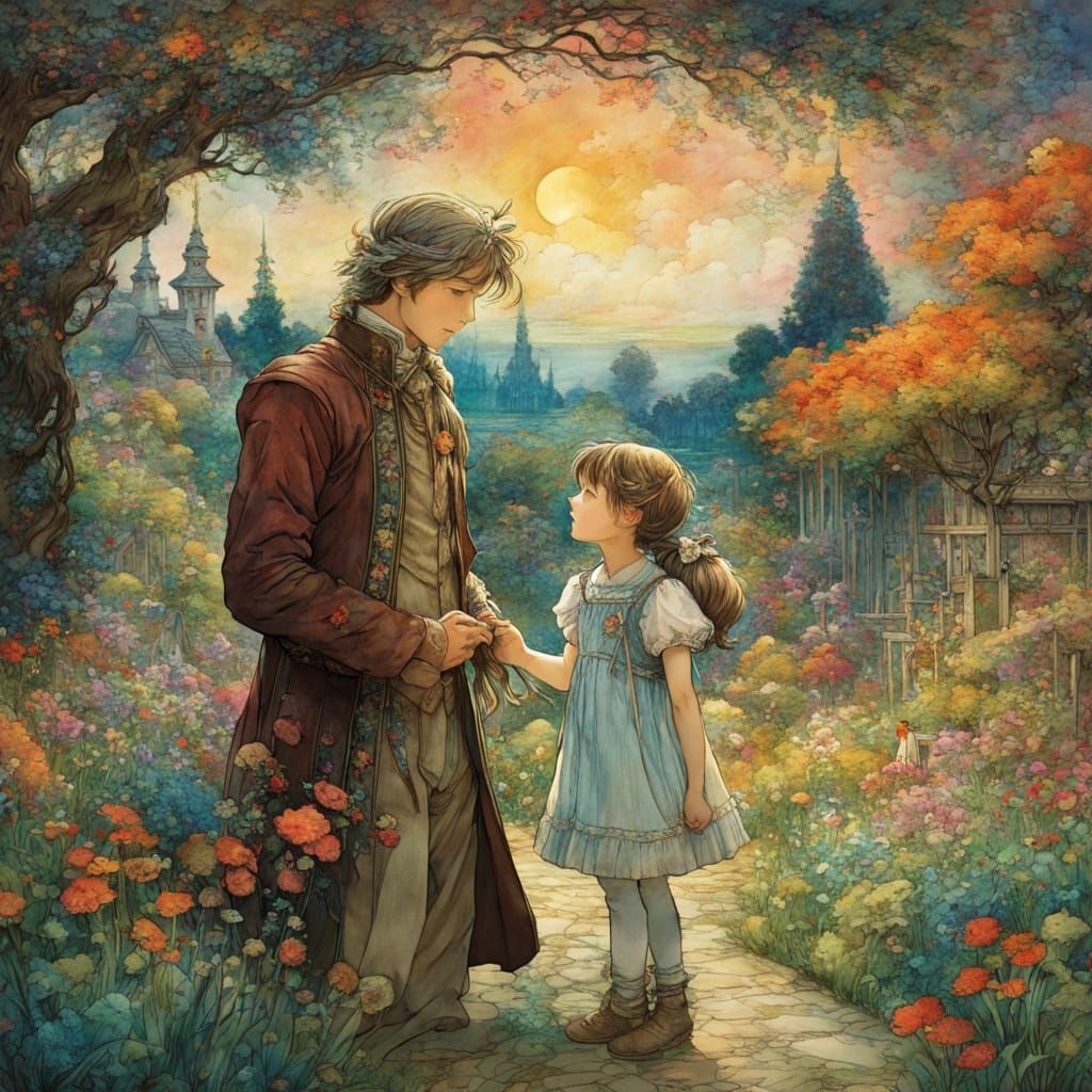 Father and Daughter in Whimsical Garden Scene, Inspired by A...