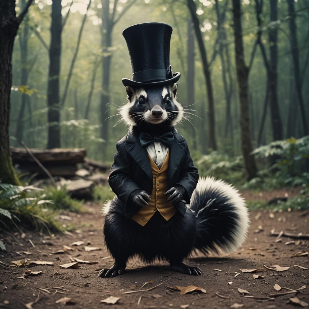 Charming Skunk in Top Hat: Cinematic Film Still
