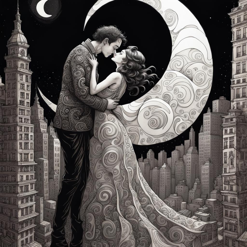Yin and Yang Couple Kissing in Cityscape, Ink Art