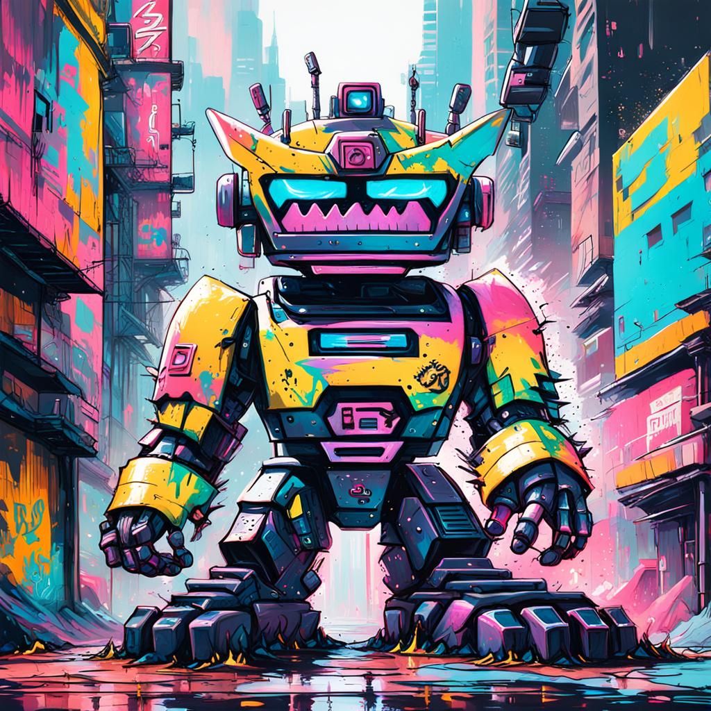 Giant Furry Robot in Neon City Graffiti Art