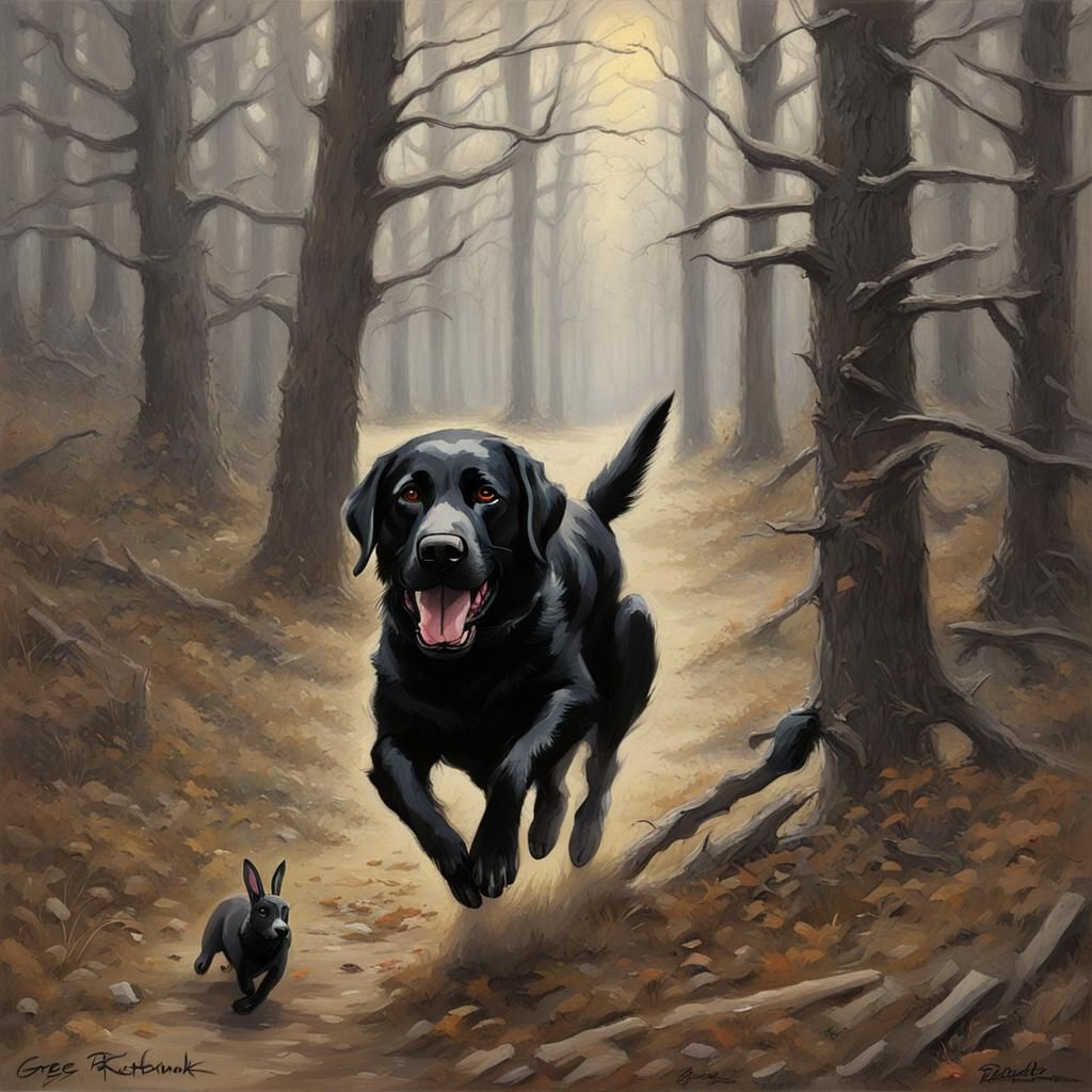 Sinister Black Lab Rabbit Chase in Dark Woods