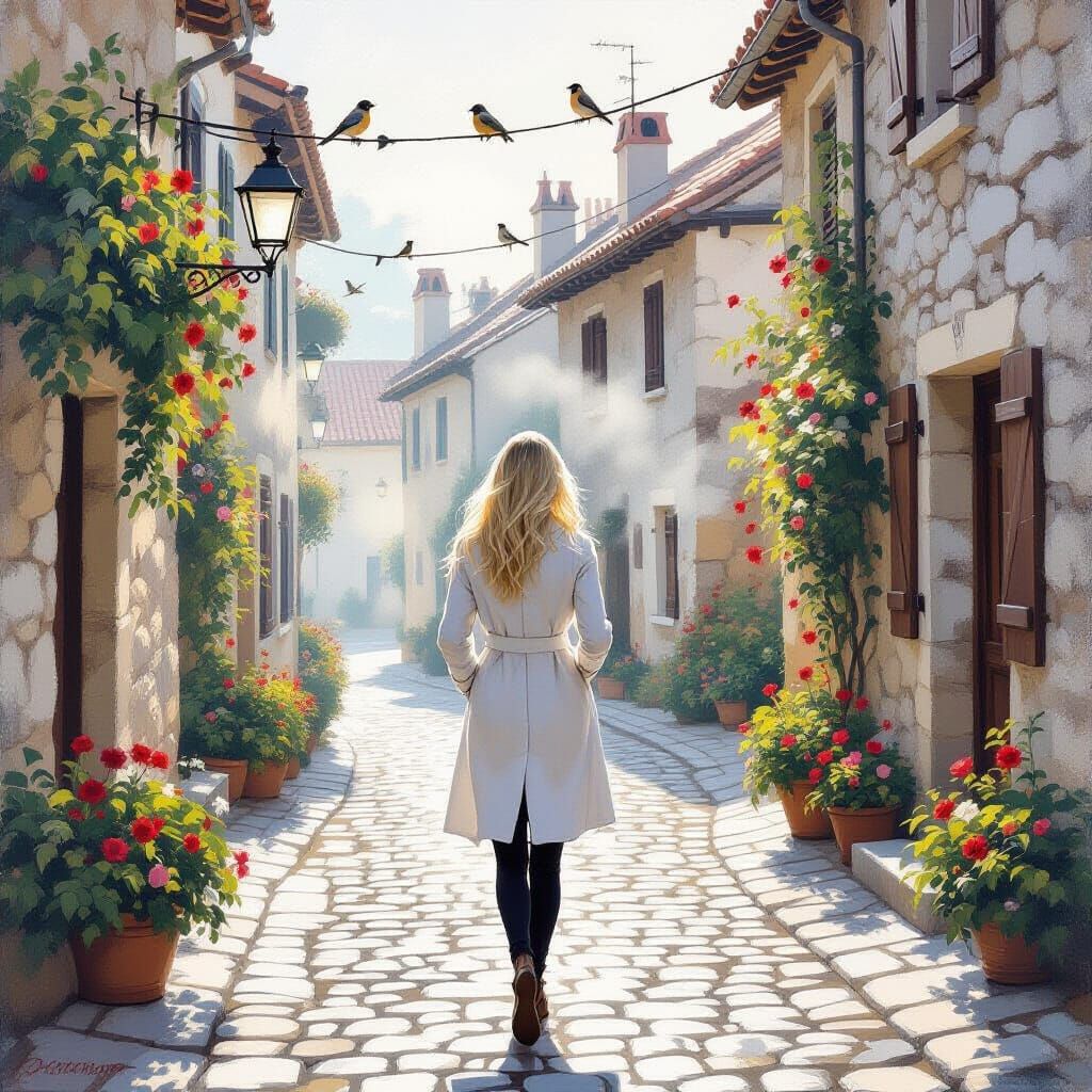 Woman in White Coat on Cobblestone Street with Silver Hair