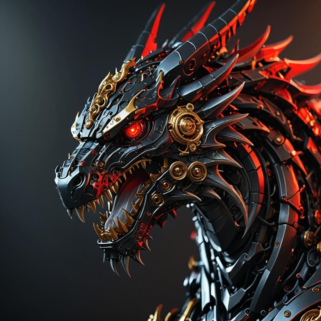 Menacing mecha Dragon, render, in the dark fantasy style